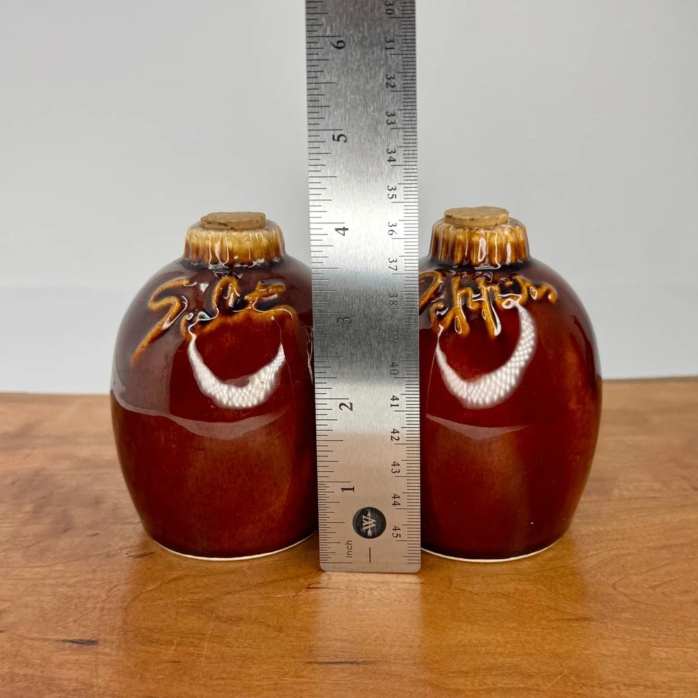 Vintage Hull Pottery Salt Pepper Oil Vinegar Set 4pc Mirror Brown Drip Glaze